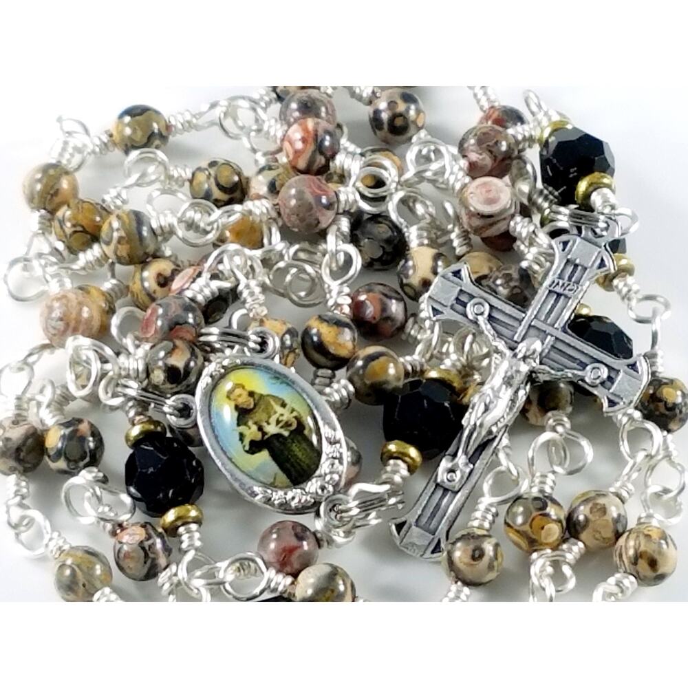 Hand Wire Wrapped St Francis Rosary Leopard Jasper Swarovski